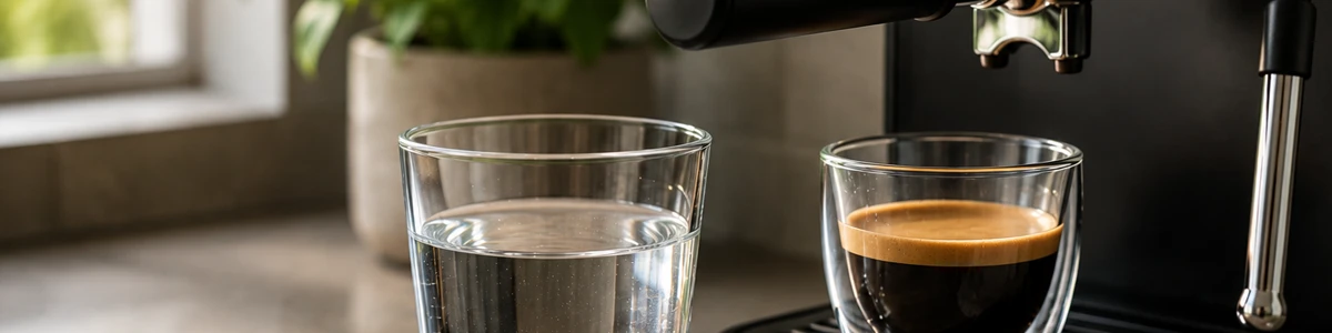 macchina da caffè con bicchiere d'acqua depurata