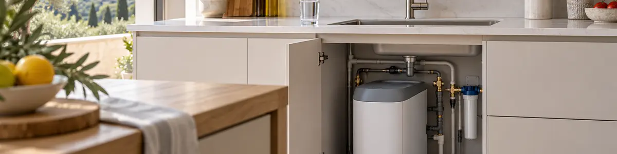 acqua addolcita Addolcitore moderno installato sotto il lavello di una cucina.