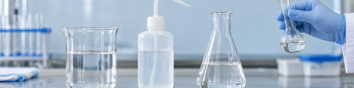 Recipienti da laboratorio contenenti acqua trasparente e una mano con guanto azzurro che tiene un piccolo matraccio.