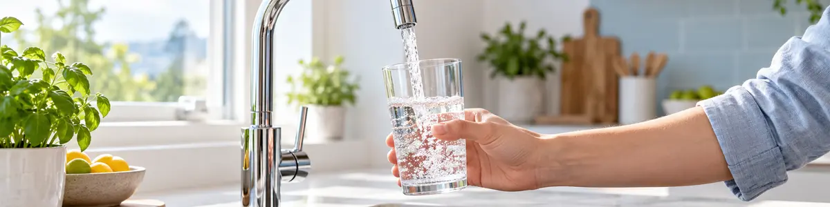 acqua del rubinetto Mano che riempie un bicchiere con acqua del rubinetto in una cucina luminosa.