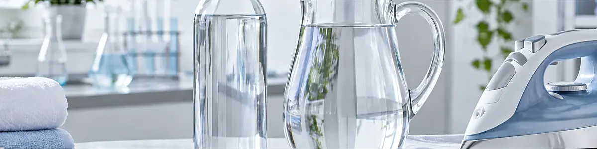 acqua demineralizzata a cosa serve Bottiglia e caraffa di acqua demineralizzata accanto a un ferro da stiro e strumenti da laboratorio.