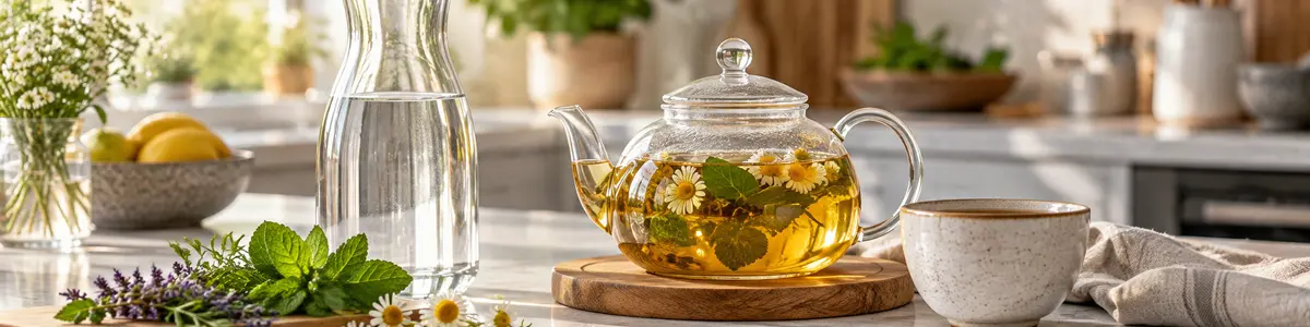 Una tisana alle erbe in una teiera di vetro accanto a una caraffa d’acqua e a una tazza in cucina.