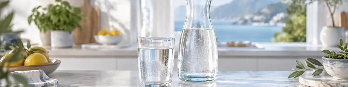 acqua leggera Un bicchiere e una caraffa di vetro pieni d’acqua su un piano chiaro, davanti a una cucina luminosa.