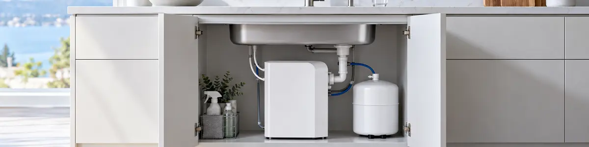 Un moderno impianto a osmosi inversa bianco installato nel mobile sotto il lavello della cucina.