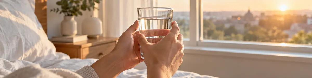 Una persona tiene un bicchiere d’acqua tra le mani davanti alla finestra illuminata dal sole del mattino.