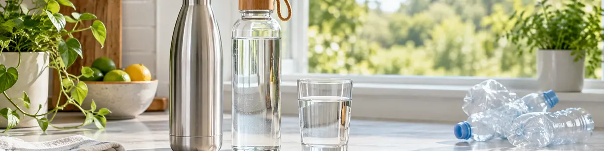 Borracce riutilizzabili in acciaio e vetro accanto a bottiglie di plastica monouso