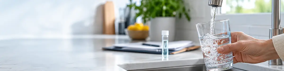 chi controlla l'acqua potabile Bicchiere riempito dal rubinetto in una cucina luminosa, con campione per l’analisi.