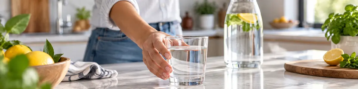 consigli per bere più acqua Bicchiere d’acqua su un piano cucina, con una mano che lo raggiunge.