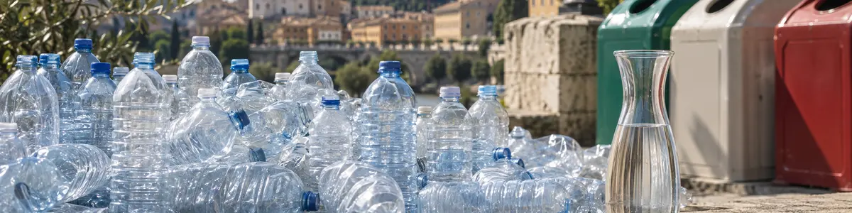 Numerose bottiglie di plastica raccolte vicino ai contenitori per il riciclo in una città italiana