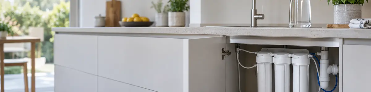 cosa fa un depuratore d'acqua Sistema di filtrazione domestico sotto il lavello con caraffa d’acqua sul piano cucina.