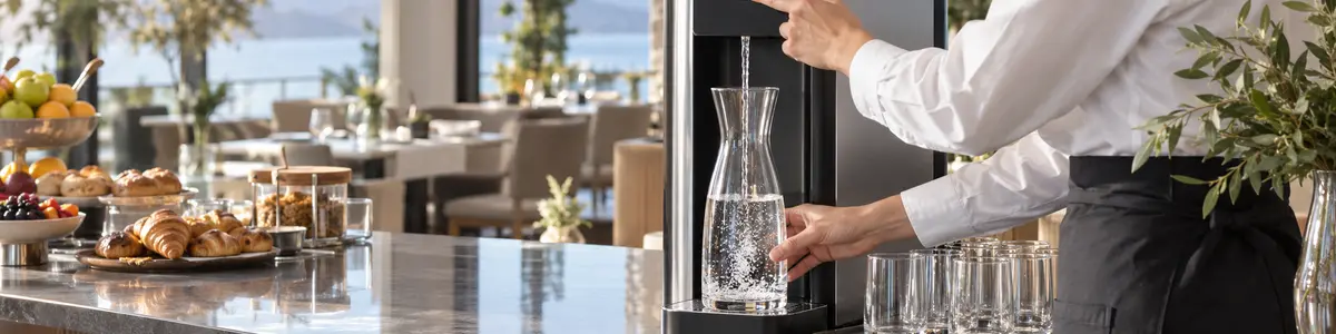 Addetto dell’hotel riempie una caraffa da un depuratore nella sala colazioni.