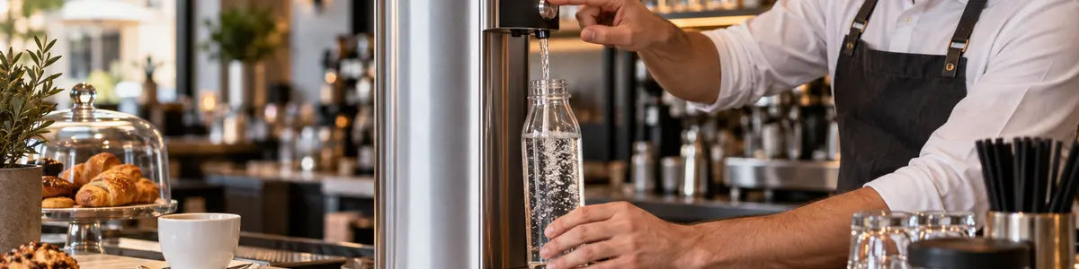 depuratore acqua per bar Barista riempie una bottiglia con un depuratore d’acqua moderno sul bancone.