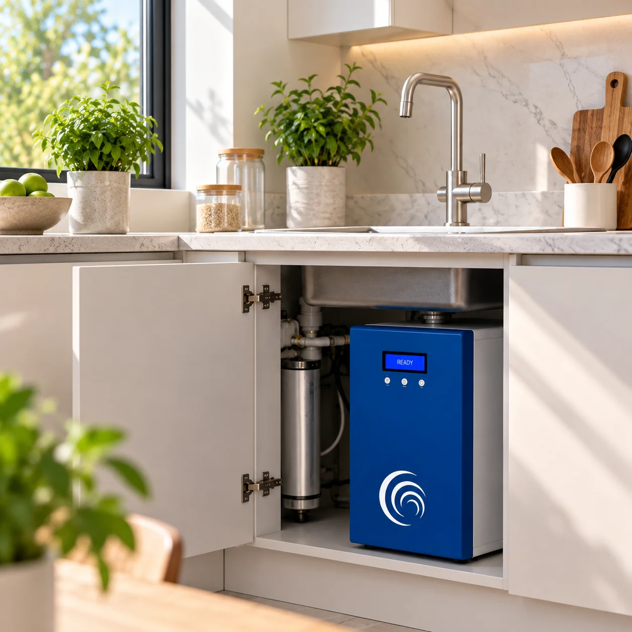 Depuratore Clearwater sottolavello per acqua liscia, fredda e frizzante installato in una cucina moderna