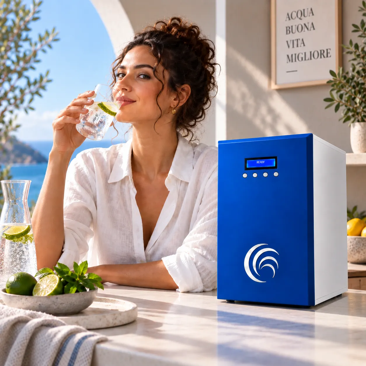 Depuratore Clearwater sottolavello ambientato in una cucina moderna con una ragazza che beve acqua