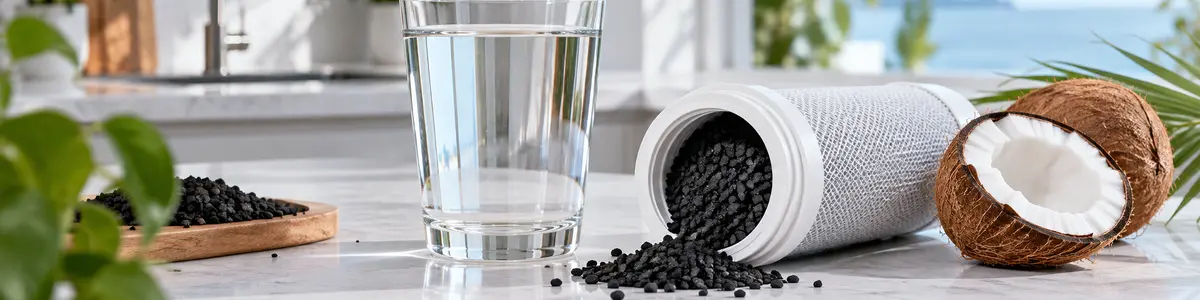 Cartuccia con filtri a carboni attivi di origine vegetale accanto a un bicchiere d’acqua