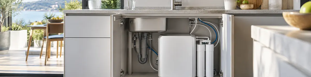 Sistema moderno a osmosi inversa installato nel mobile sotto il lavello di una cucina.