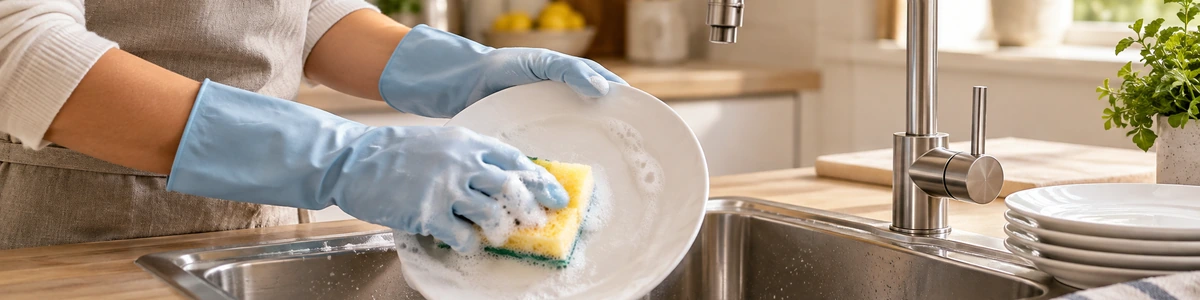 lavare i piatti Una persona con guanti azzurri lava un piatto bianco con una spugna nel lavello della cucina.