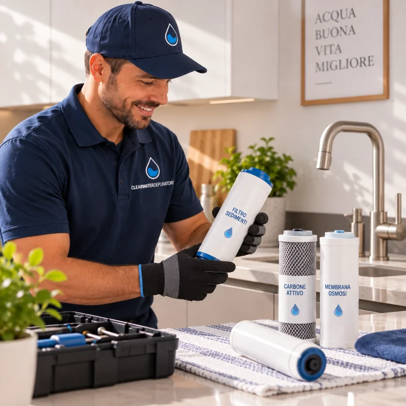 Tecnico Clearwater che sostituisce le cartucce filtranti di un depuratore in cucina