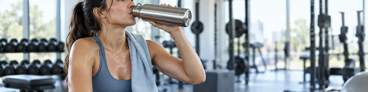 Donna che beve da una borraccia durante una pausa dall’allenamento in palestra