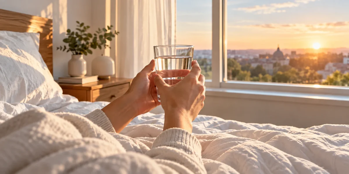 Mani che tengono un bicchiere d'acqua a letto, al mattino, davanti alla finestra all'alba