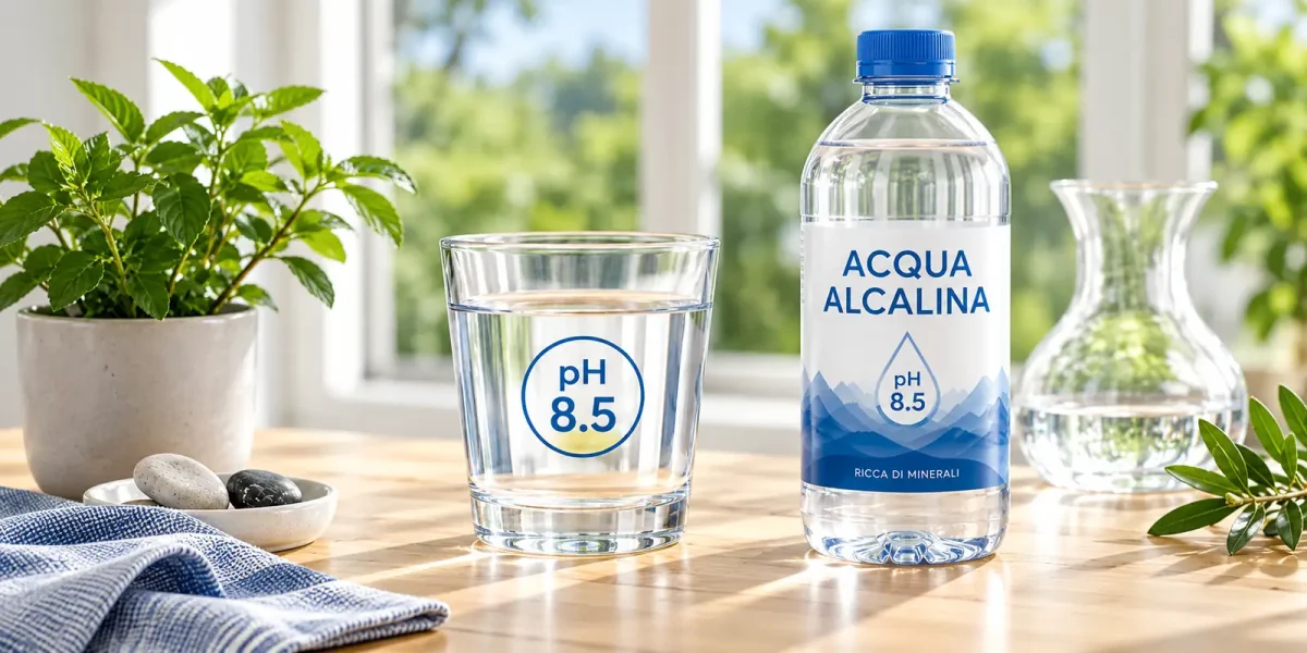 Bicchiere e bottiglia di acqua alcalina con pH 8,5 sul tavolo della cucina accanto a una caraffa