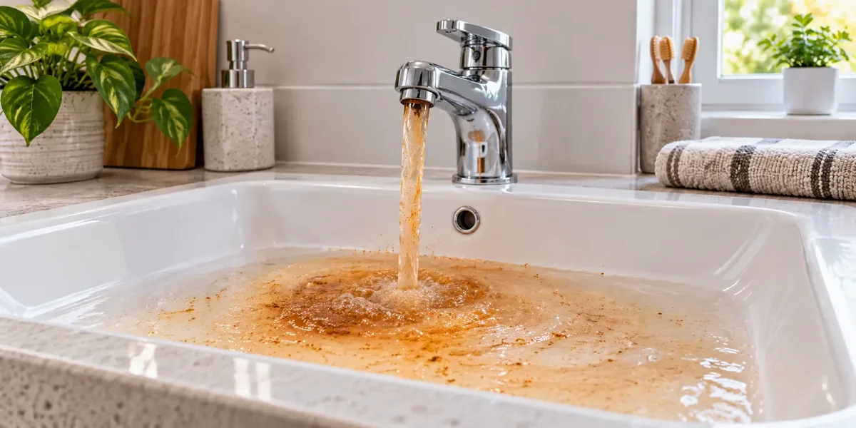 Acqua color ruggine che esce dal rubinetto e macchia il lavandino