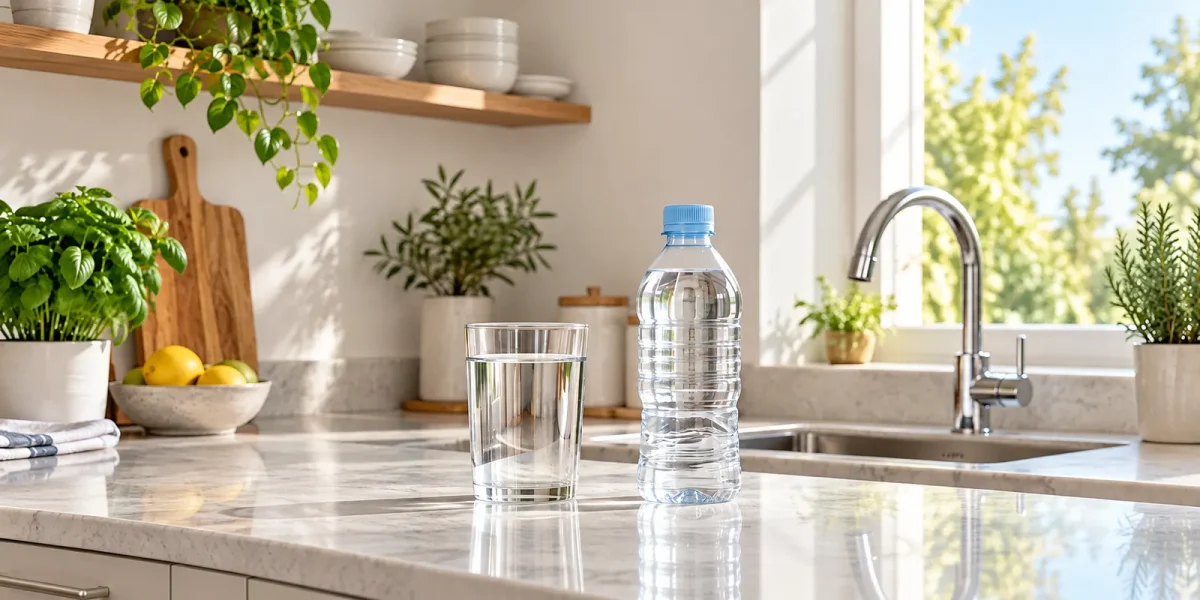 Bottiglia di plastica e bicchiere di acqua del rubinetto a confronto sul piano della cucina
