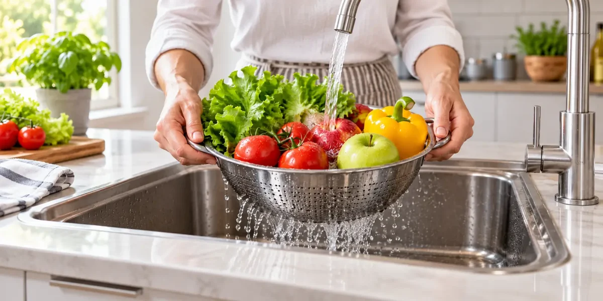 Frutta e verdura lavate in uno scolapasta sotto l'acqua del rubinetto