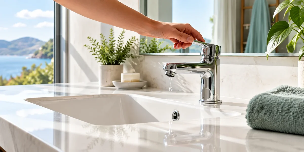 Mano che chiude il rubinetto del lavandino del bagno