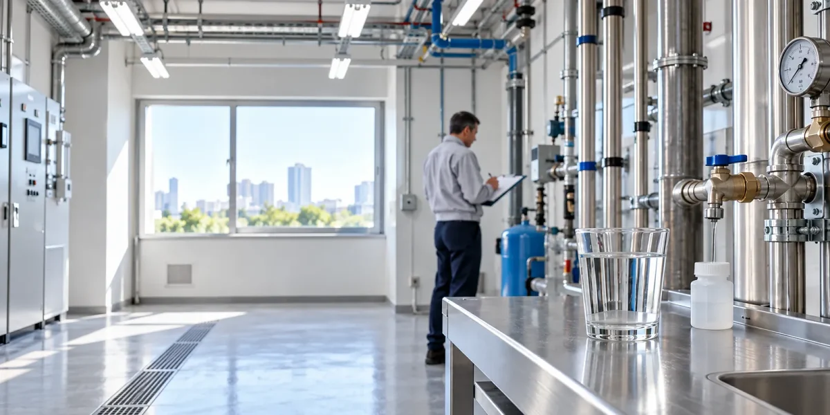 Tecnico che controlla l'impianto idrico centralizzato, con un campione d'acqua sul bancone