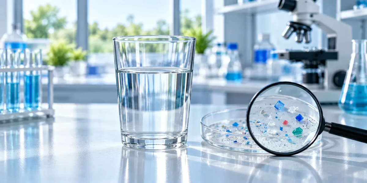 Bicchiere d'acqua e lente d'ingrandimento sulle microplastiche in una capsula di laboratorio