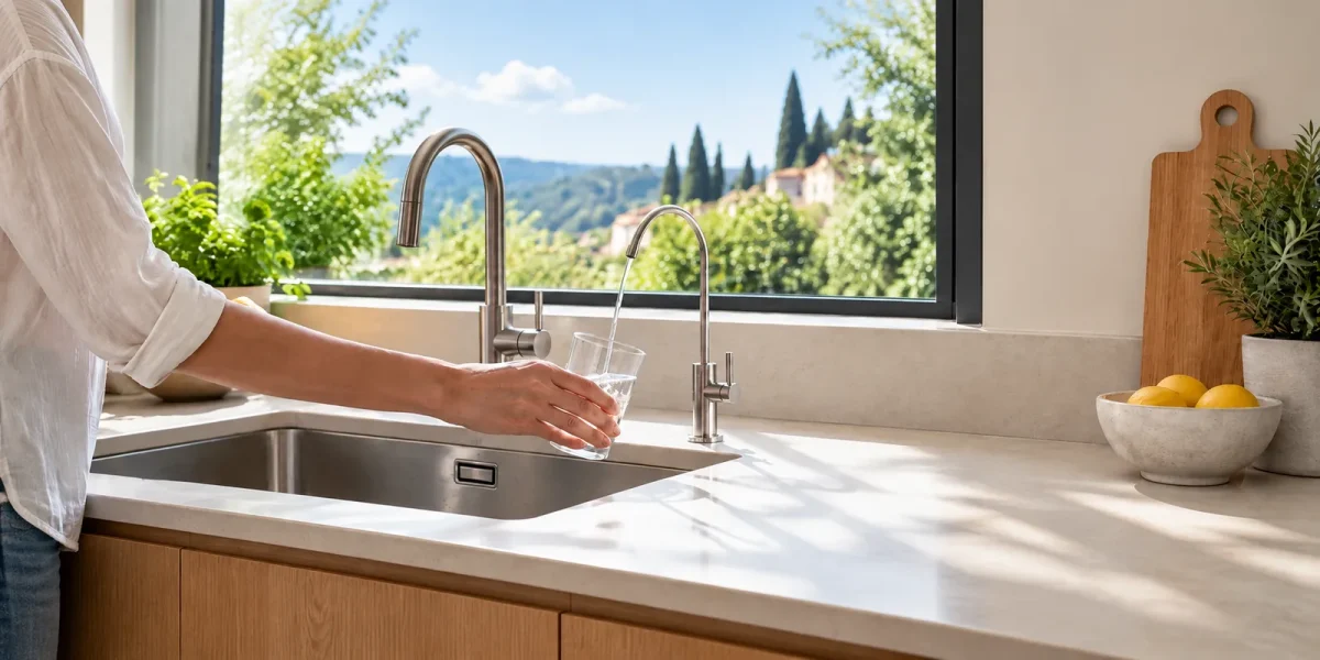 Persona che riempie un bicchiere al rubinetto dell'acqua depurata in cucina