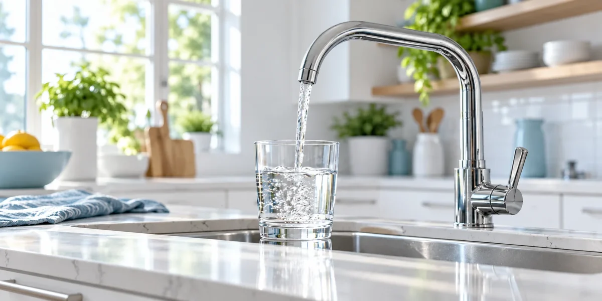 Acqua del rubinetto che riempie un bicchiere nel lavello della cucina