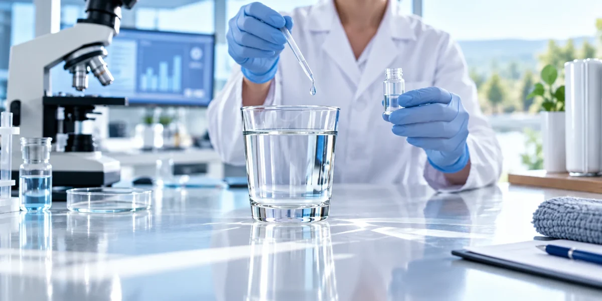 Ricercatrice che analizza un campione d'acqua con il contagocce in laboratorio